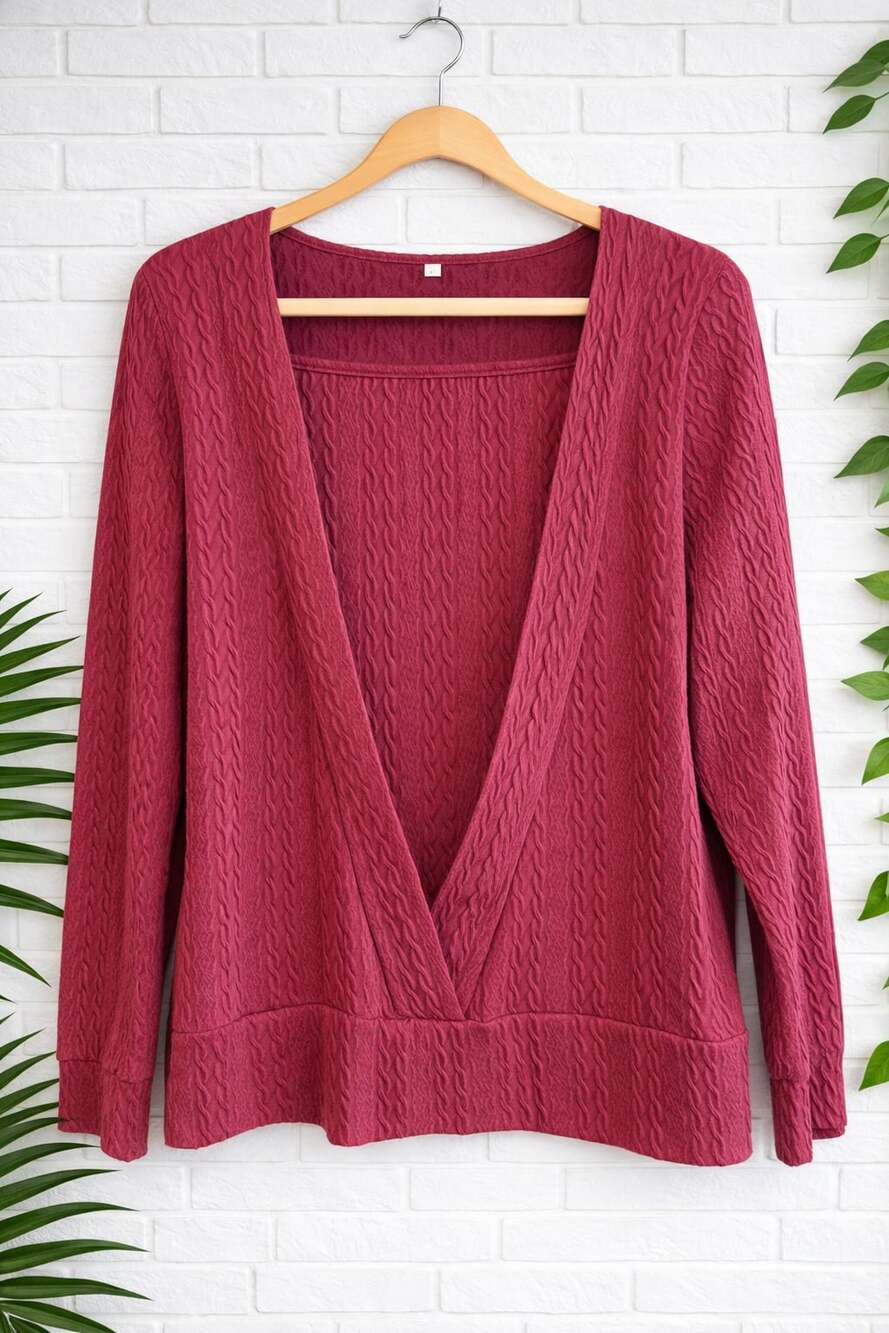 Jillian N Women's Burgundy Cable Textured Faux Wrap Long Sleeve Top